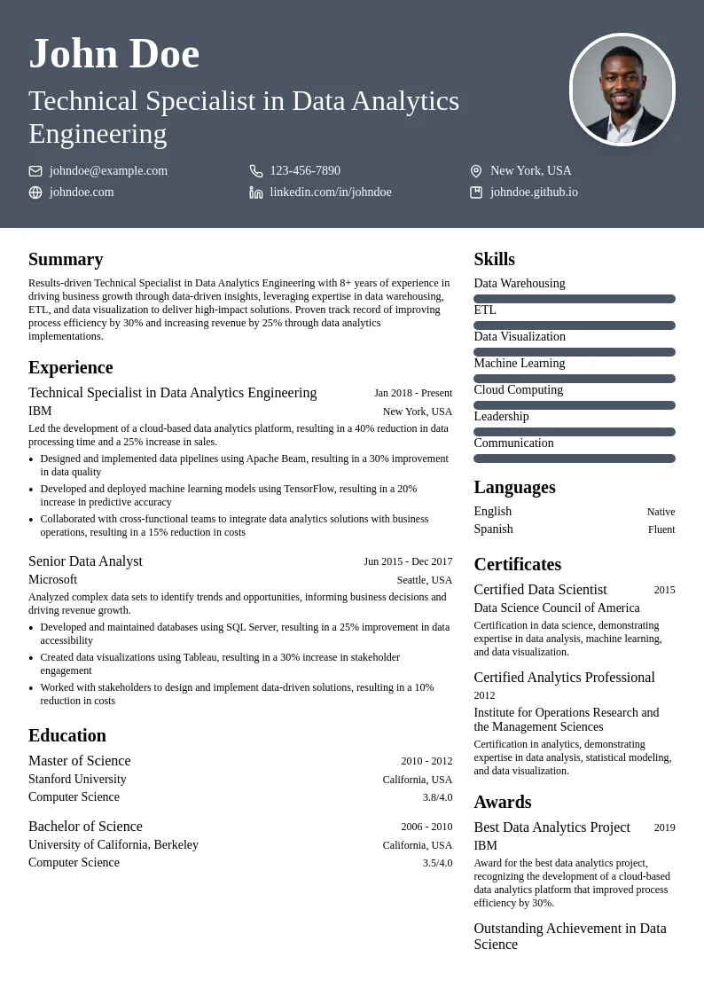 Technical Specialist in Data Analytics Engineering resume example