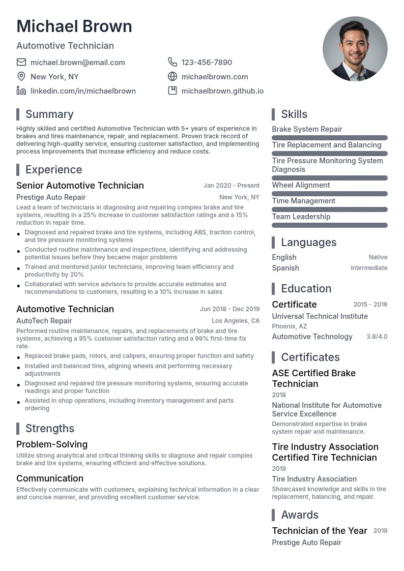 Automotive Technician: Brakes and Tires resume example