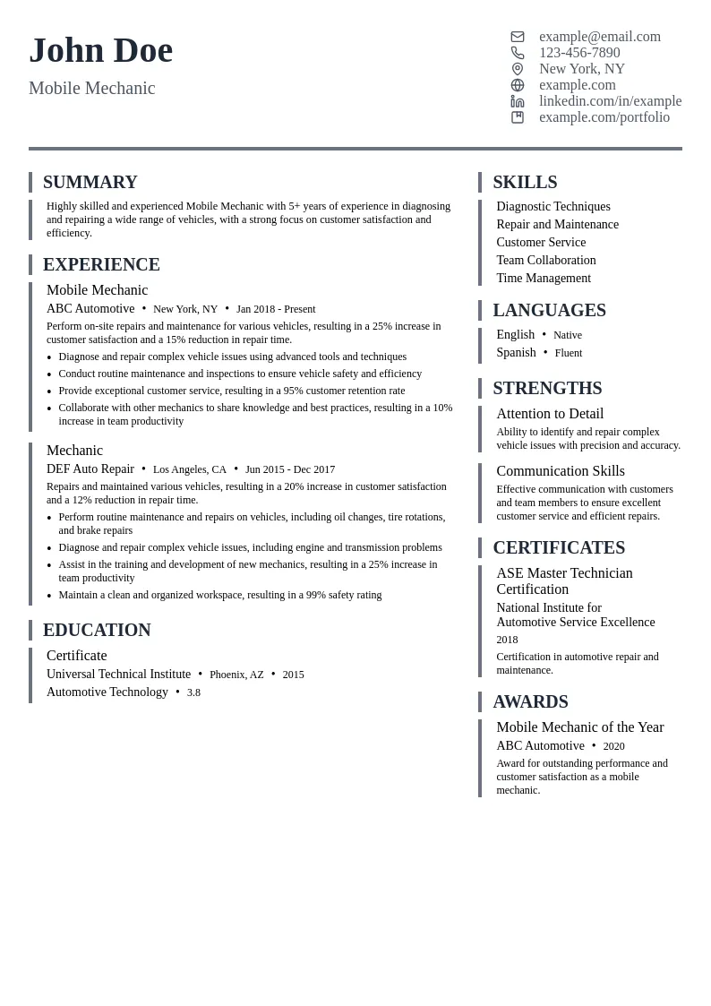 Mobile Mechanic resume example
