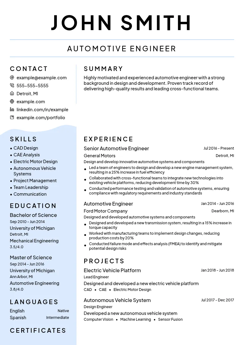 Automotive Engineer: Design and Development resume example