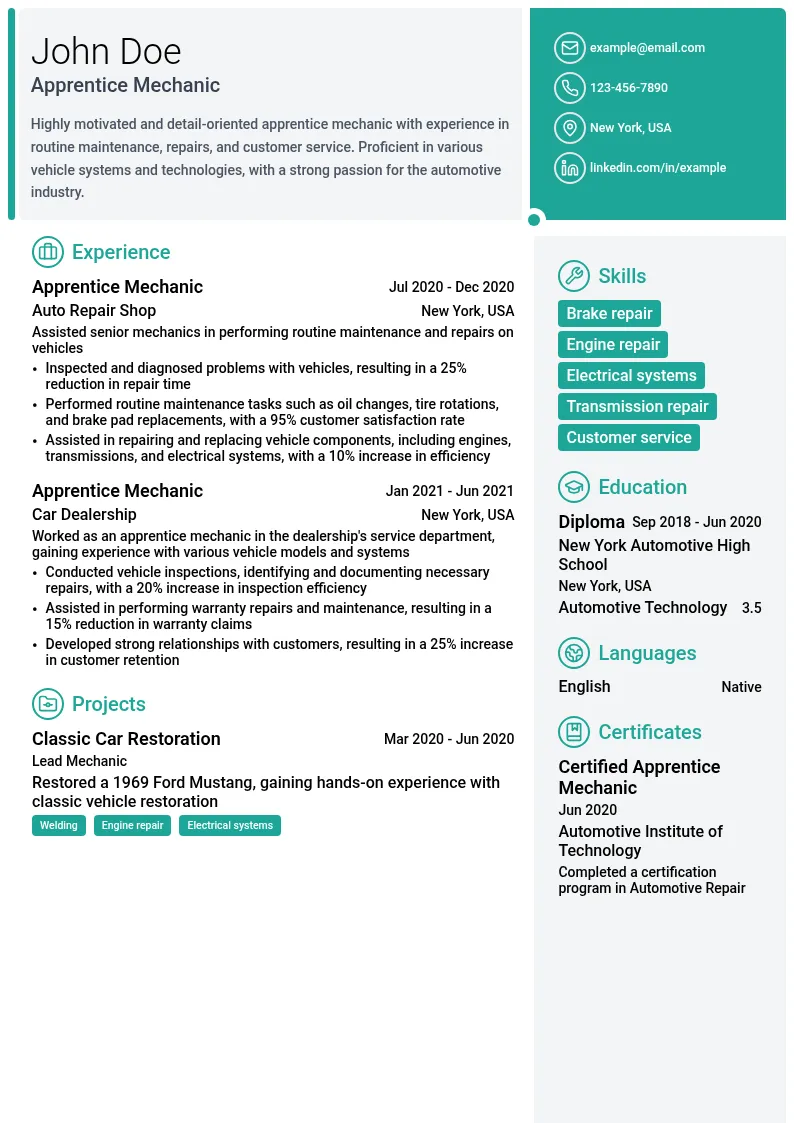 Apprentice Mechanic resume example