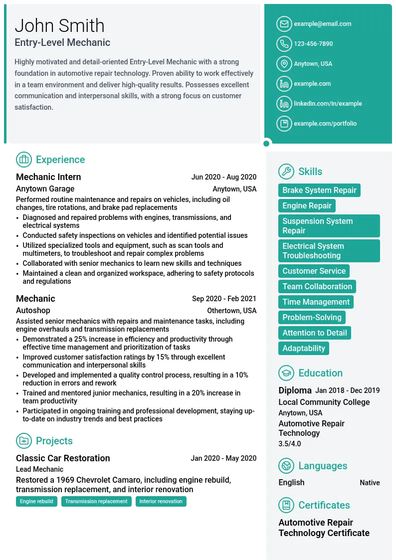 Entry-Level Mechanic resume example