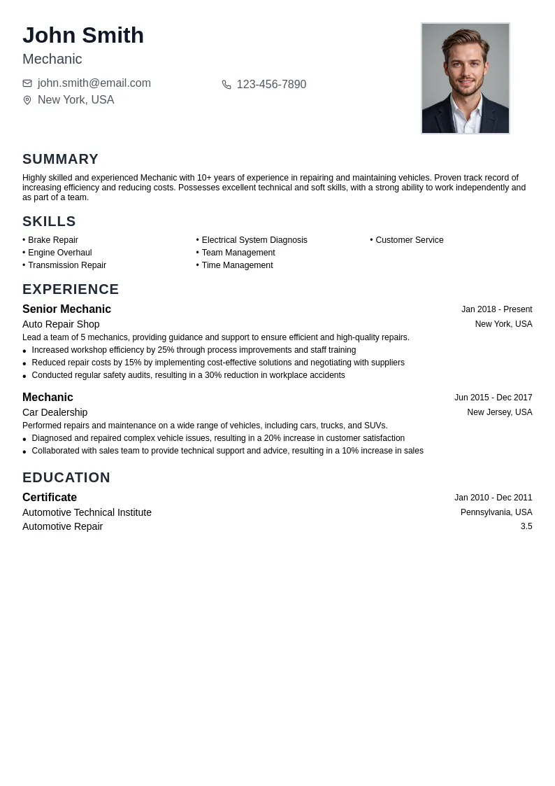 Mechanic resume example