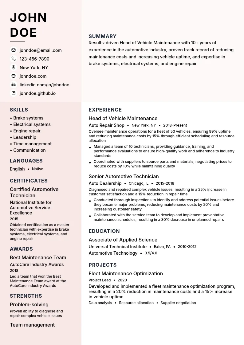 Head of Vehicle Maintenance resume example