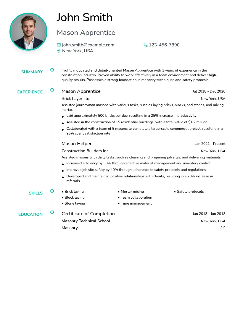Mason Appretice resume example