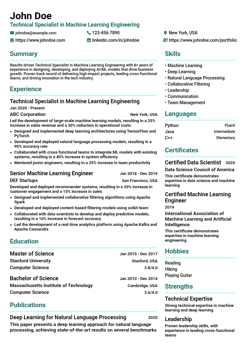 Technical Specialist in Machine Learning Engineering resume example