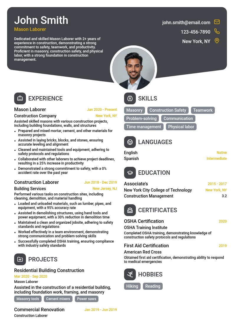 Mason Laborer resume example