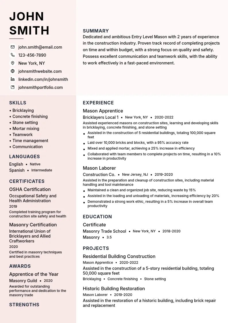 Entry Level Mason resume example
