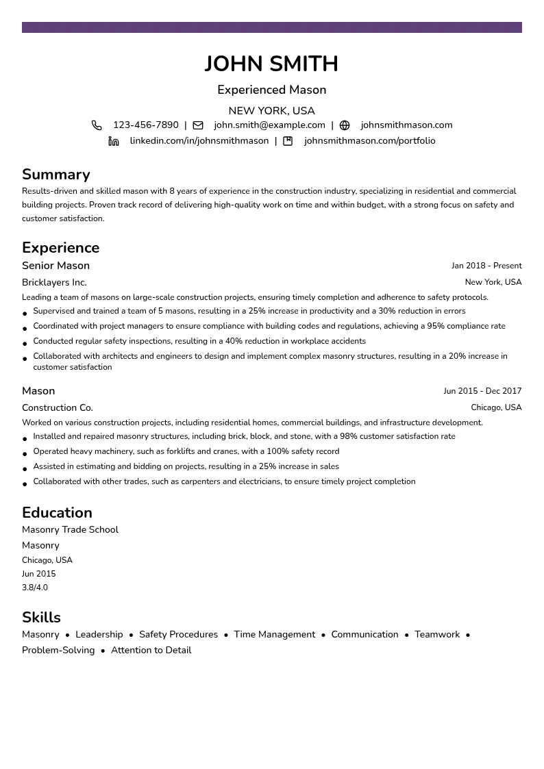 Experienced Mason resume example