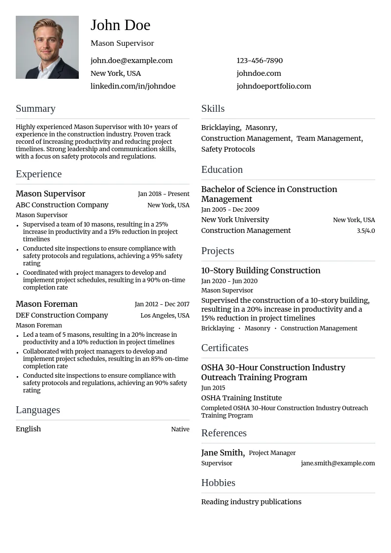 Mason Supervisor resume example