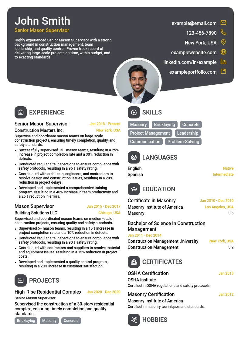 Senior Mason Supervisor resume example