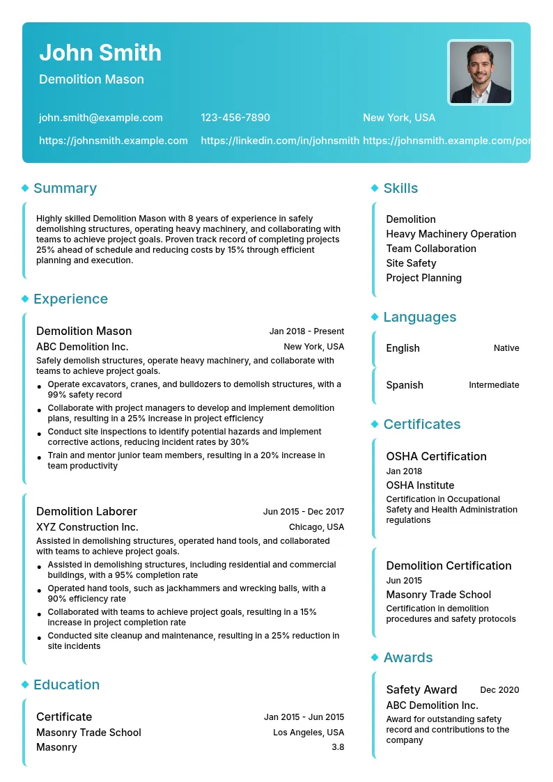Demolition Mason resume example