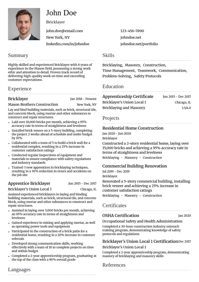 Bricklayer resume example