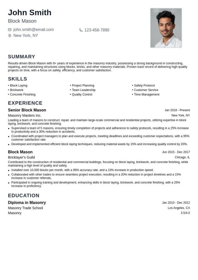 Block Mason resume example