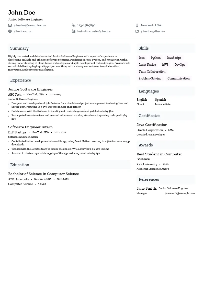 Junior Software Engineer resume example