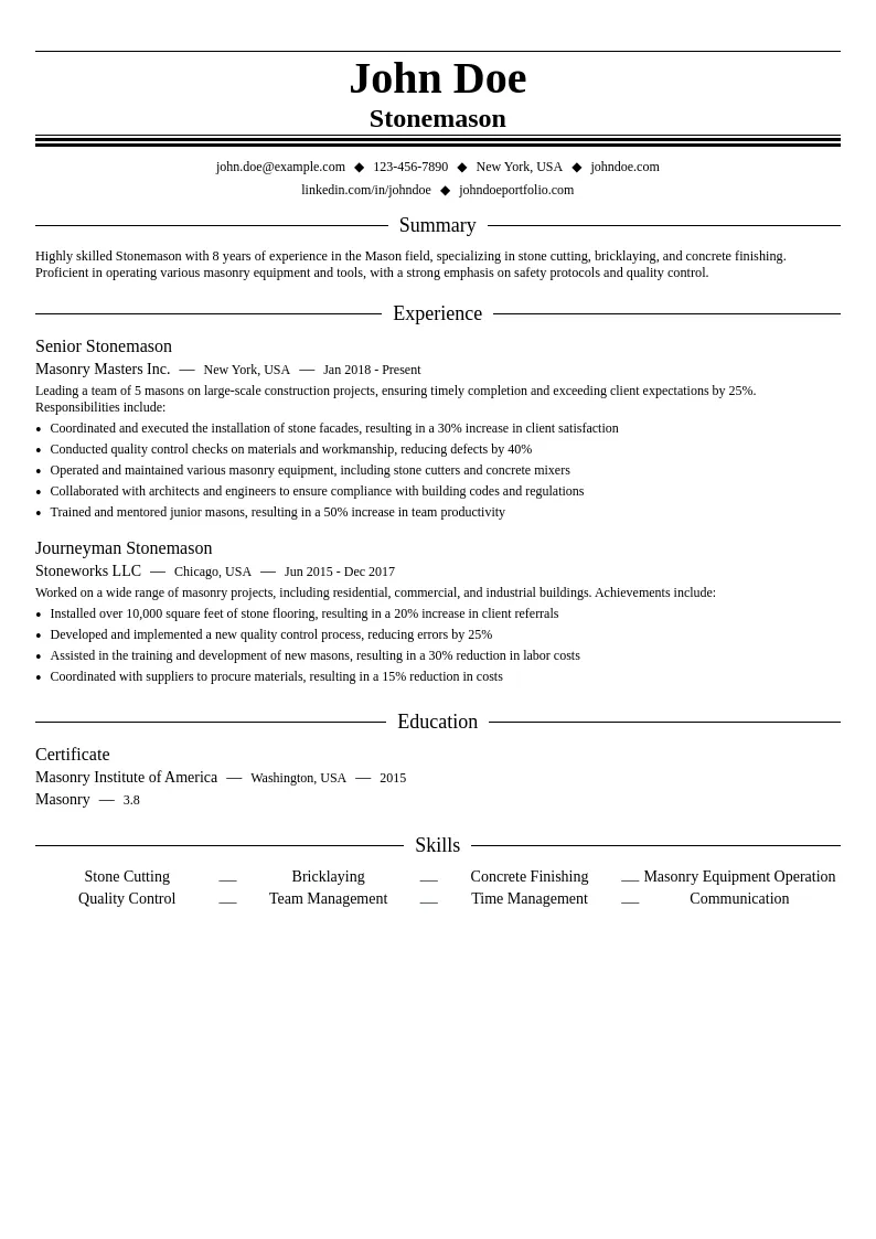 Stonemason resume example