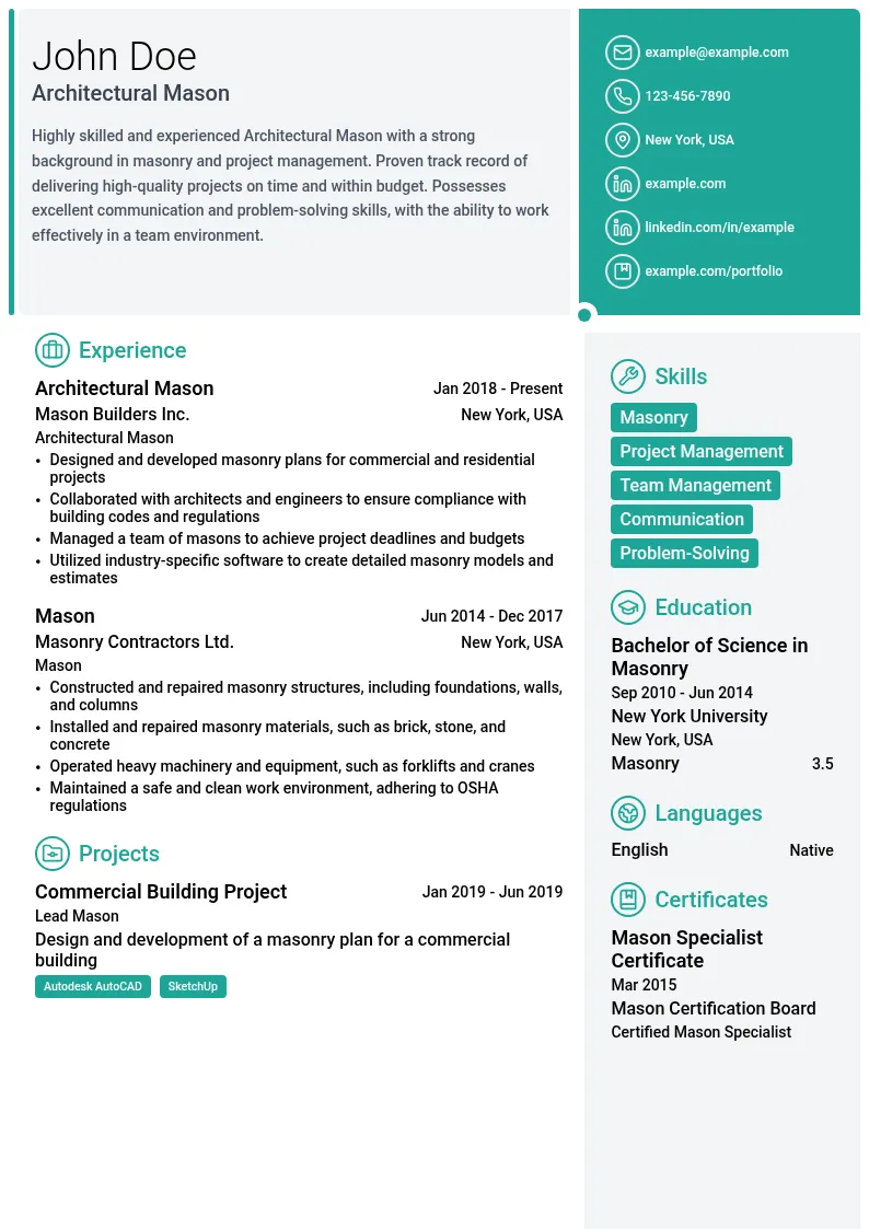 Architectural Mason resume example