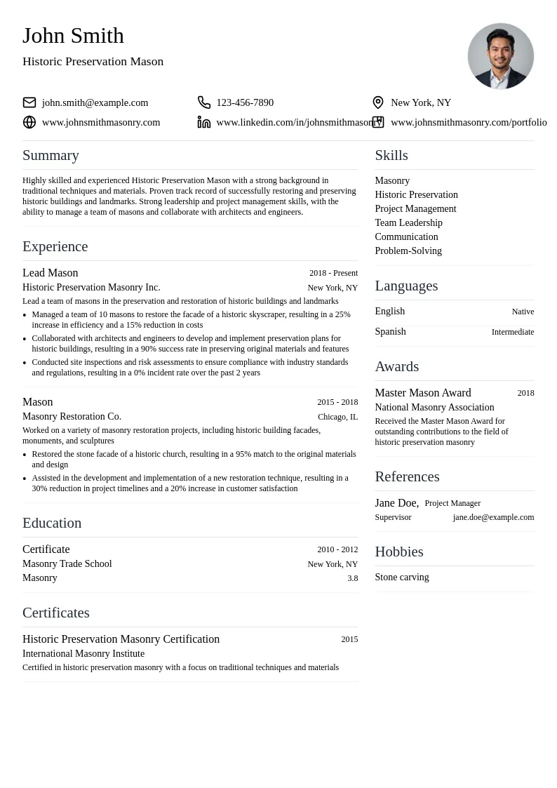 Historic Preservation Mason resume example