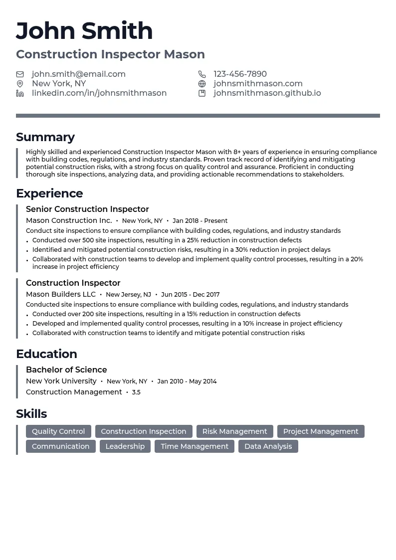 Construction Inspector Mason resume example