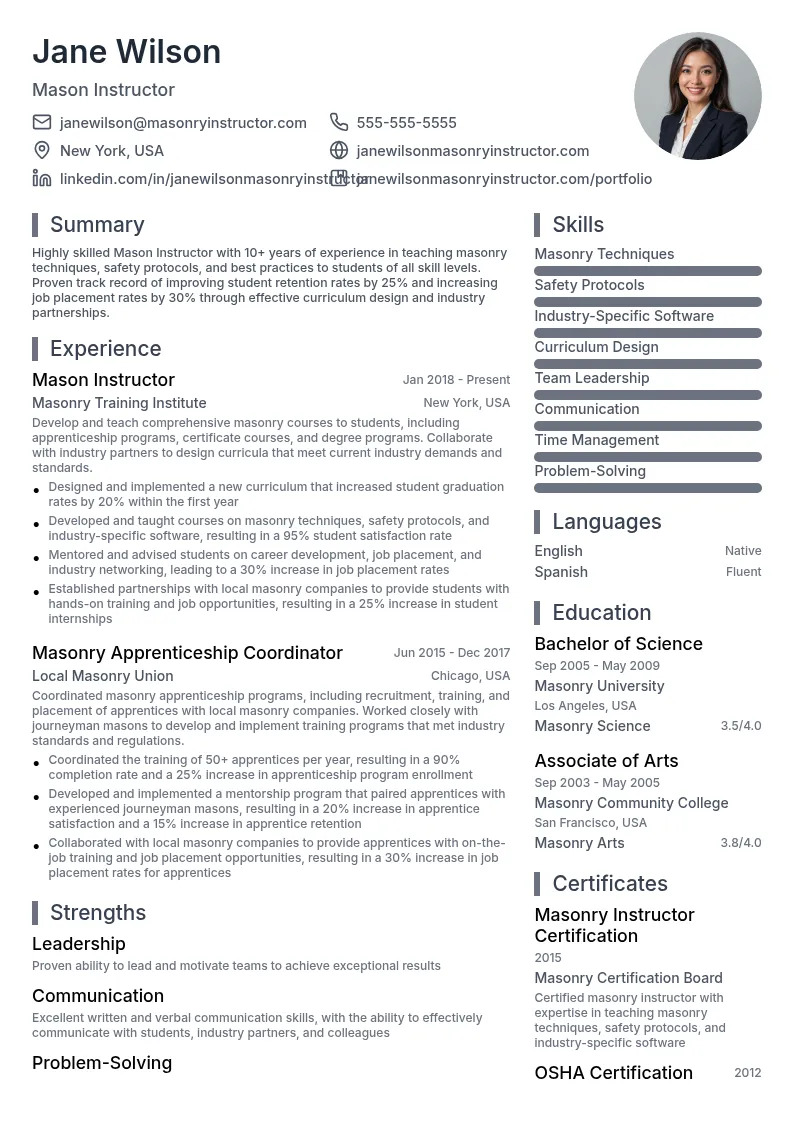 Mason Instructor resume example
