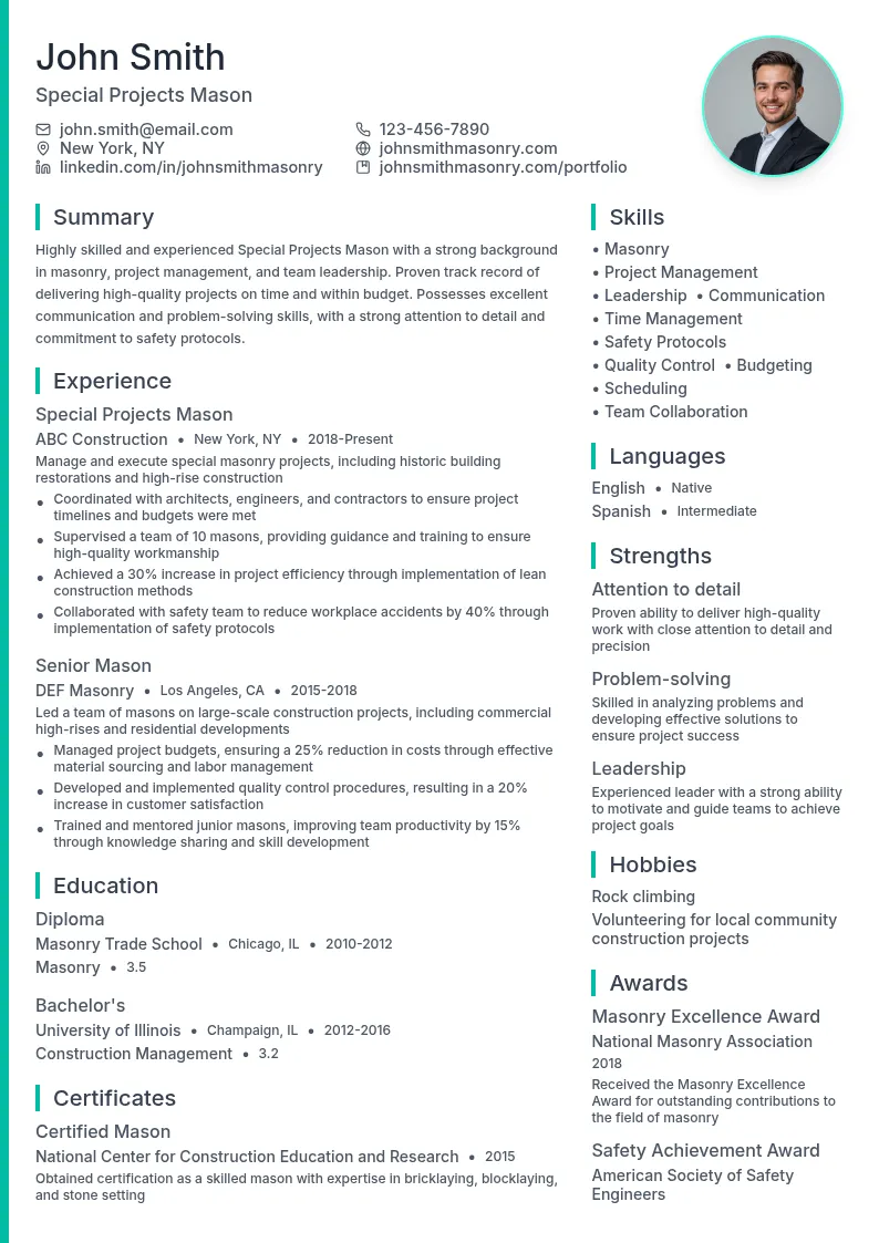 Special Projects Mason resume example