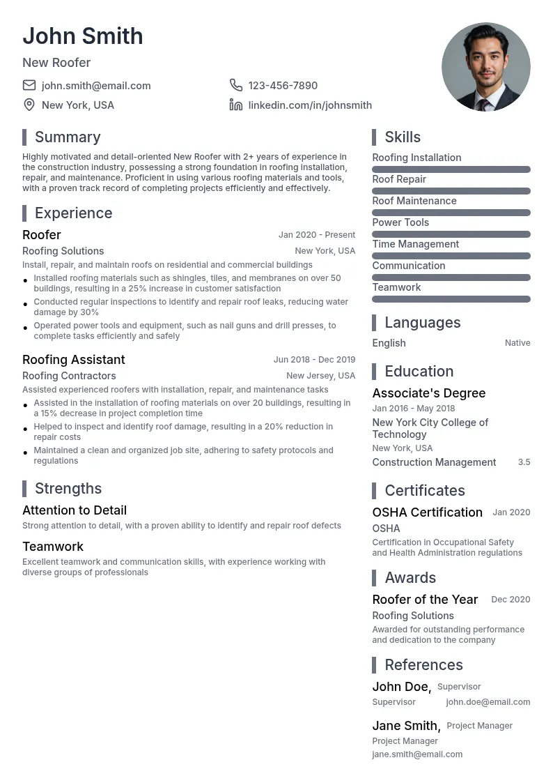 New Roofer resume example