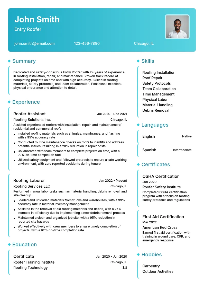 Entry Roofer resume example