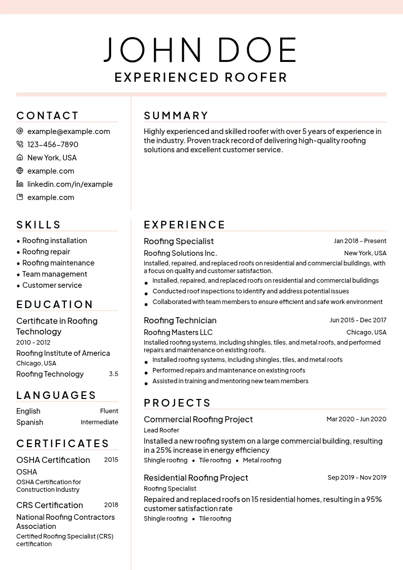 Experienced Roofer resume example