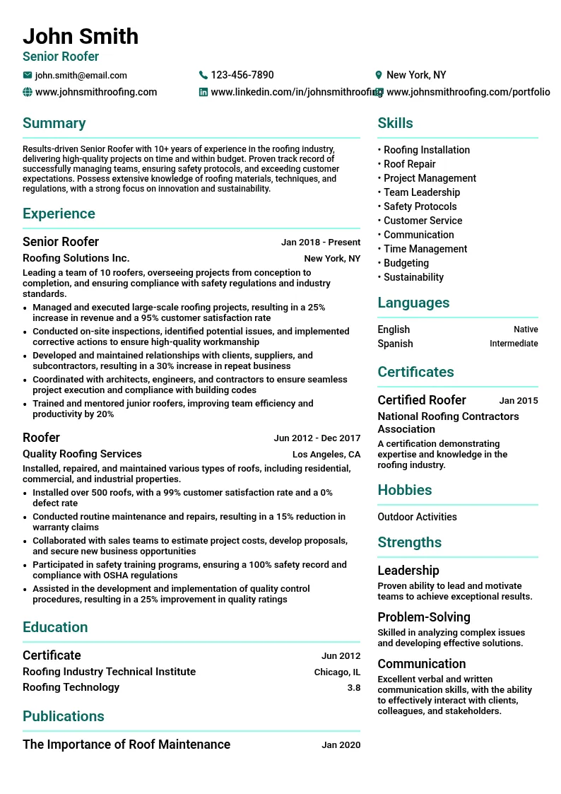 Senior Roofer resume example