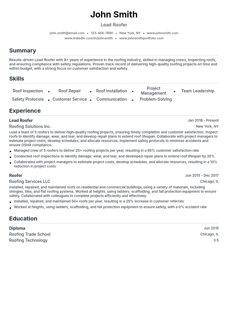Lead Roofer resume example