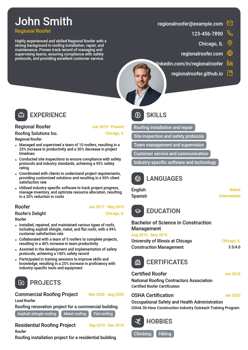 Regional Roofer resume example
