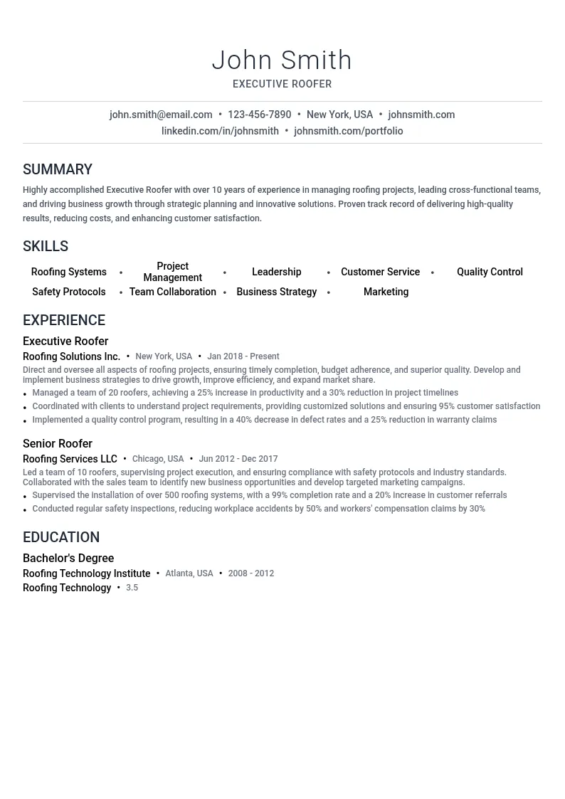 Executive Roofer resume example