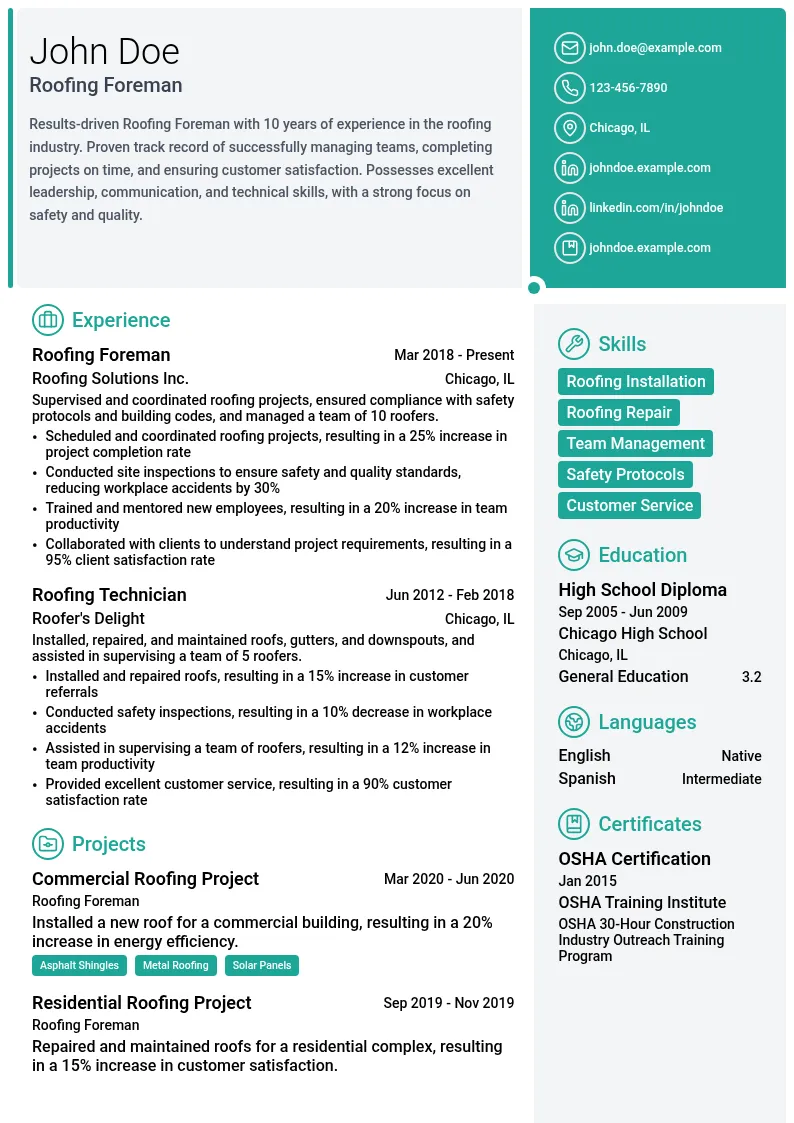 Roofing Foreman resume example