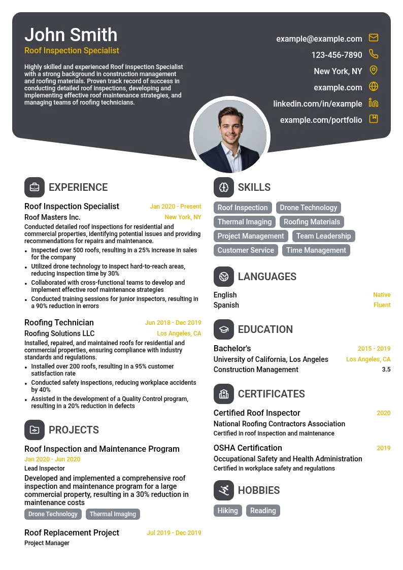 Roof Inspection Specialist resume example