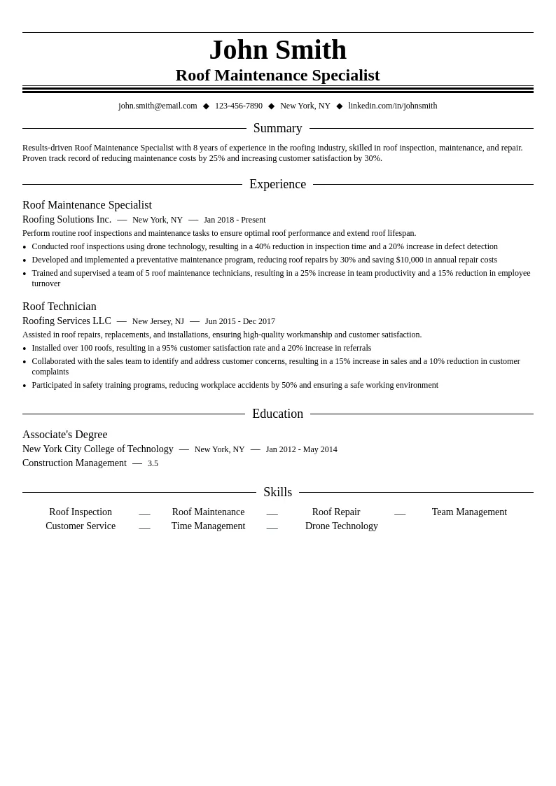 Roof Maintenance Specialist resume example