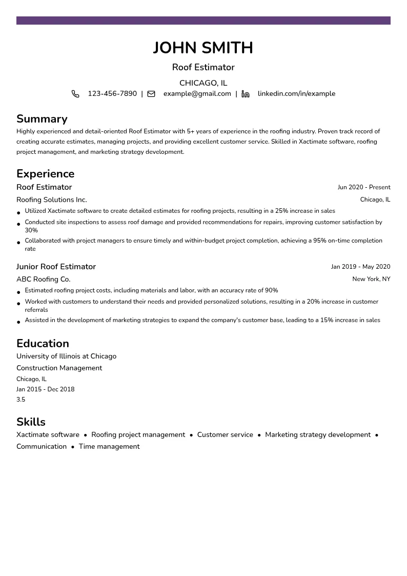 Roof Estimator resume example