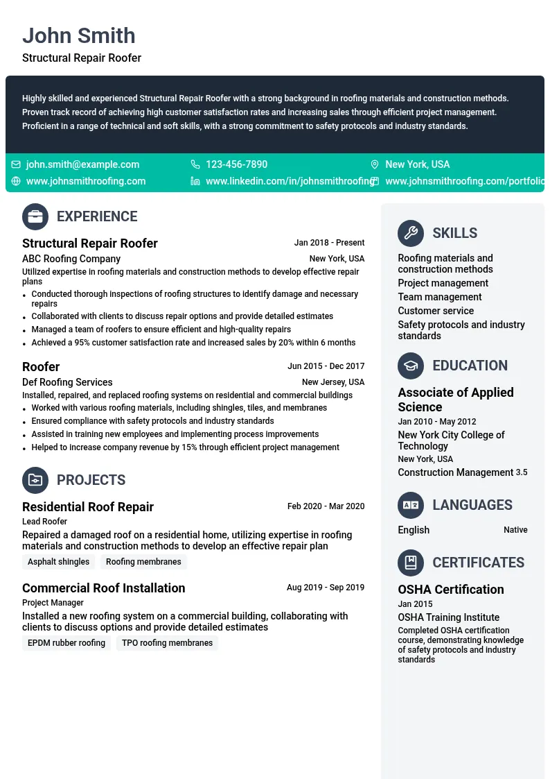 Structural Repair Roofer resume example