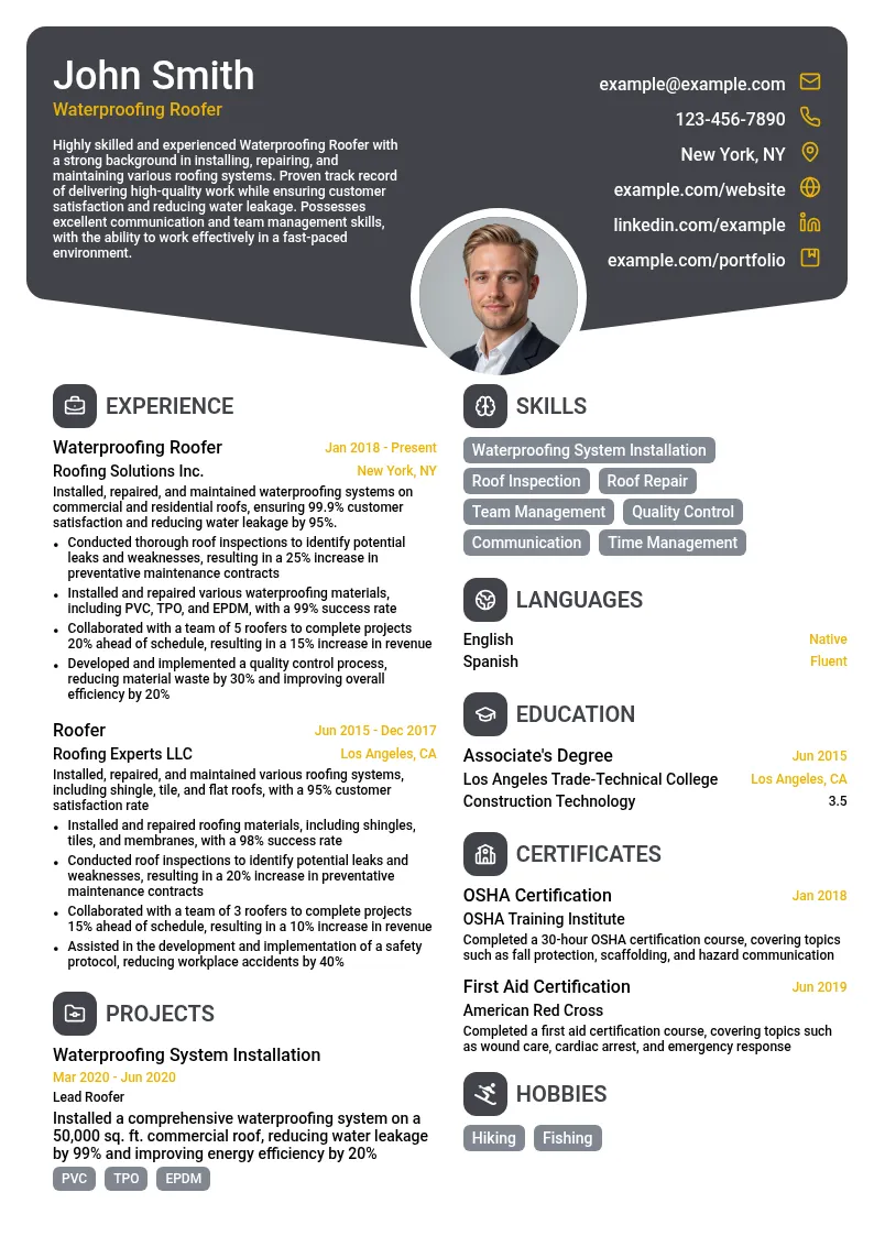 Waterproofing Roofer resume example