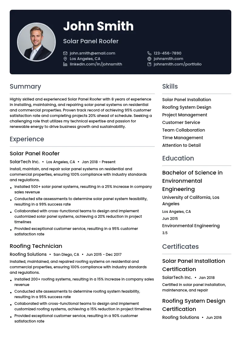 Solar Panel Roofer resume example