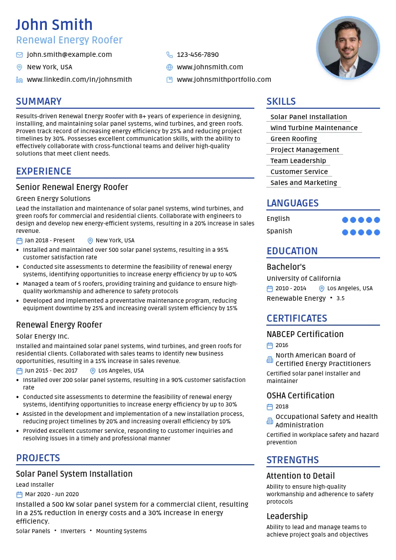 Renewal Energy Roofer resume example