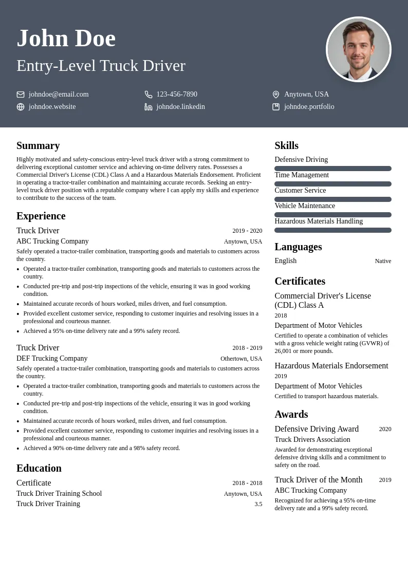 Entry-Level Truck Driver resume example