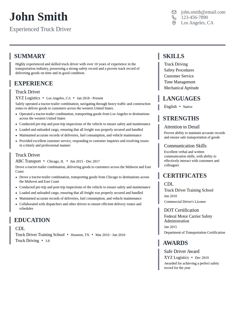 Experienced Truck Driver resume example