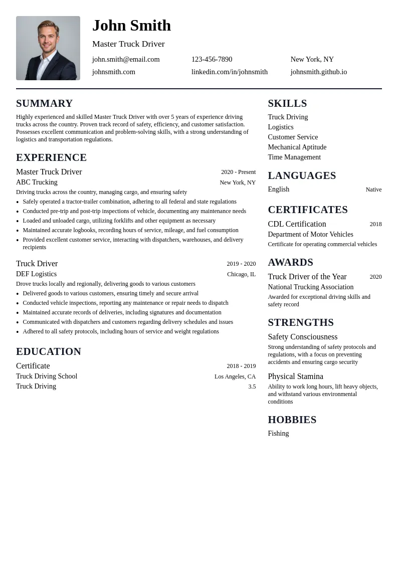 Master Truck Driver resume example
