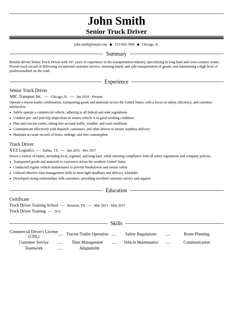 Senior Truck Driver resume example