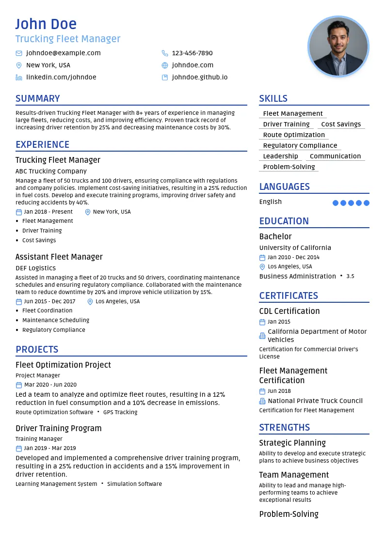 Trucking Fleet Manager resume example