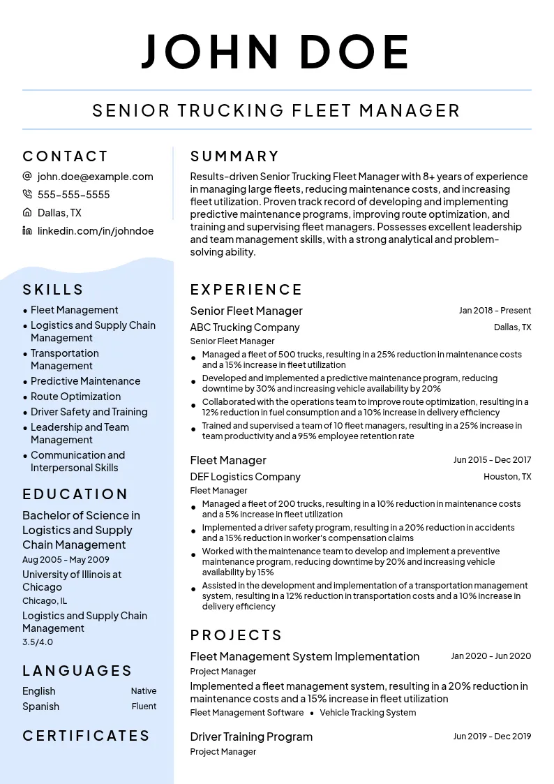 Senior Trucking Fleet Manager resume example