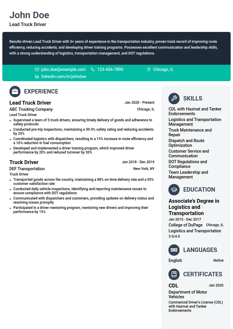 Lead Truck Driver resume example