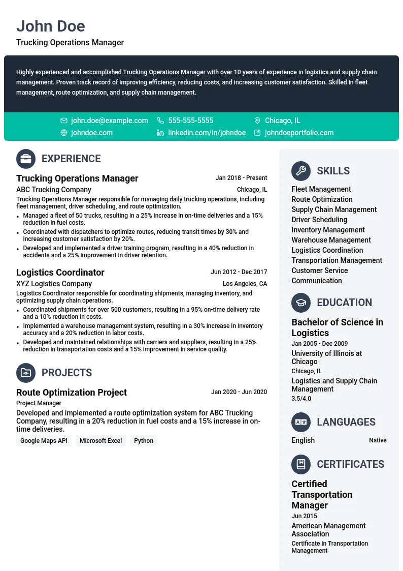 Trucking Operations Manager resume example