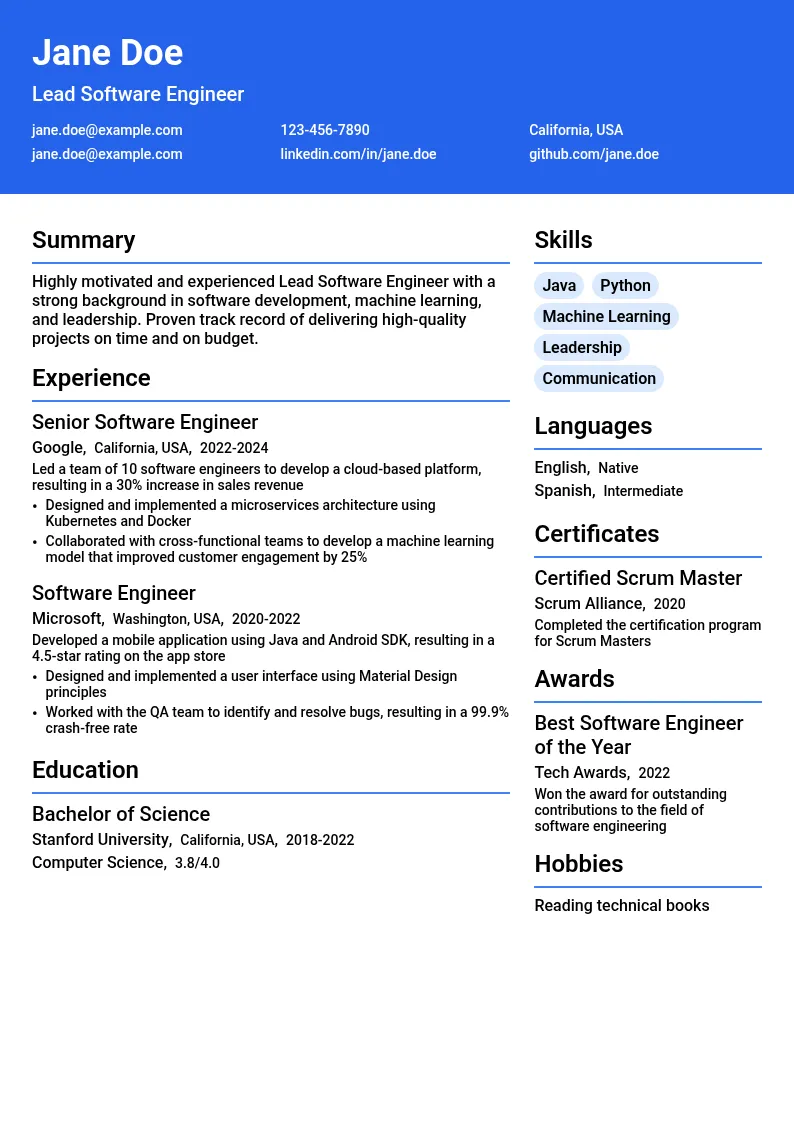 Lead Software Engineer resume example