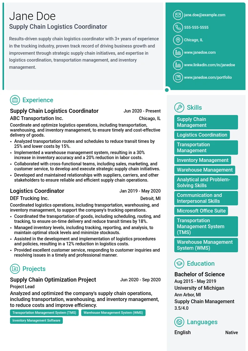Supply Chain Logistics Coordinator resume example
